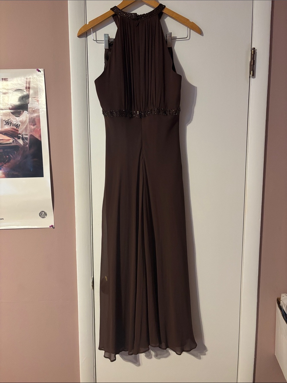 Vintage Y2K Silk Beaded Brown Formal Long Dress Gala Party Special Occasion Cute - Picture 5 of 17